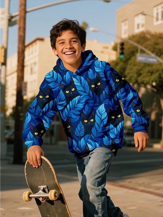 AUEOERO Other - Vibrant Blue 3D Cat & Leaf Print Unisex Kids Hoodie Size 140 (8-12Y) New!!!
